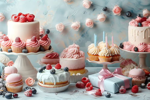 Enchanting Dessert Tableau with Berry-Topped Cakes and Macarons on a Floral Blue Background