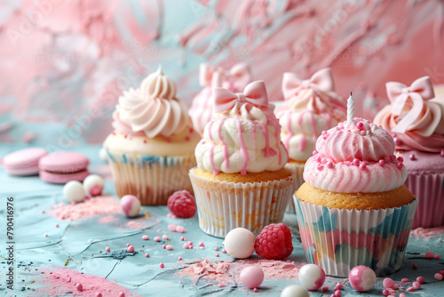 Festive Cupcakes with Pink and Blue Frosting, Decorative Bows, and Sprinkles on Artistic Splash Background