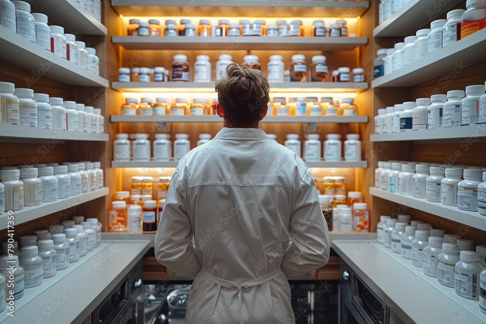 The pharmacist performs medication compounding, preparing customized medications tailored to the patient's unique needs. Concept of pharmaceutical compounding and customization. Generative Ai. The pharmacist performs medication compounding, preparing customized medications tailored to the patient's unique needs. Concept of pharmaceutical compounding and customization. Generative Ai.