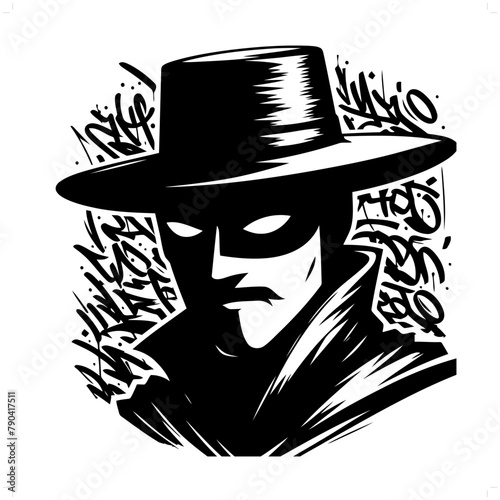 mask zorro silhouette, people in graffiti tag, hip hop, street art typography illustration.
