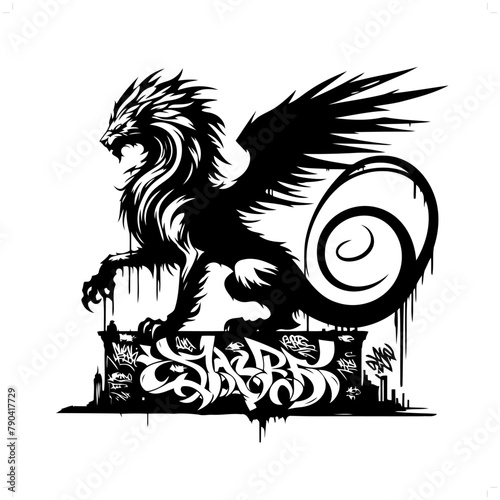 chimera mythology creature silhouette, graffiti tag, hip hop, street art typography illustration.