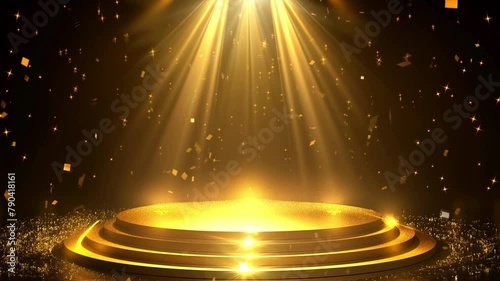Round podium with golden light lamp background with splashes and confetti