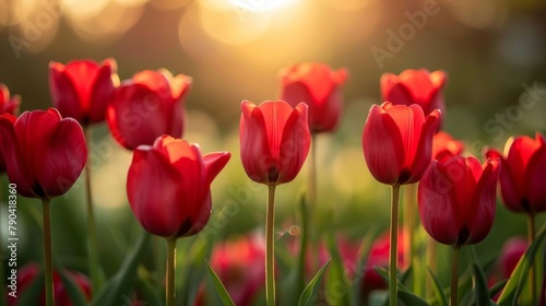 Vibrant red tulips in a close up view within a beautiful field, nature s colorful display
