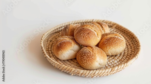 Miniature bread rolls on a woven tray against a white backdrop photo