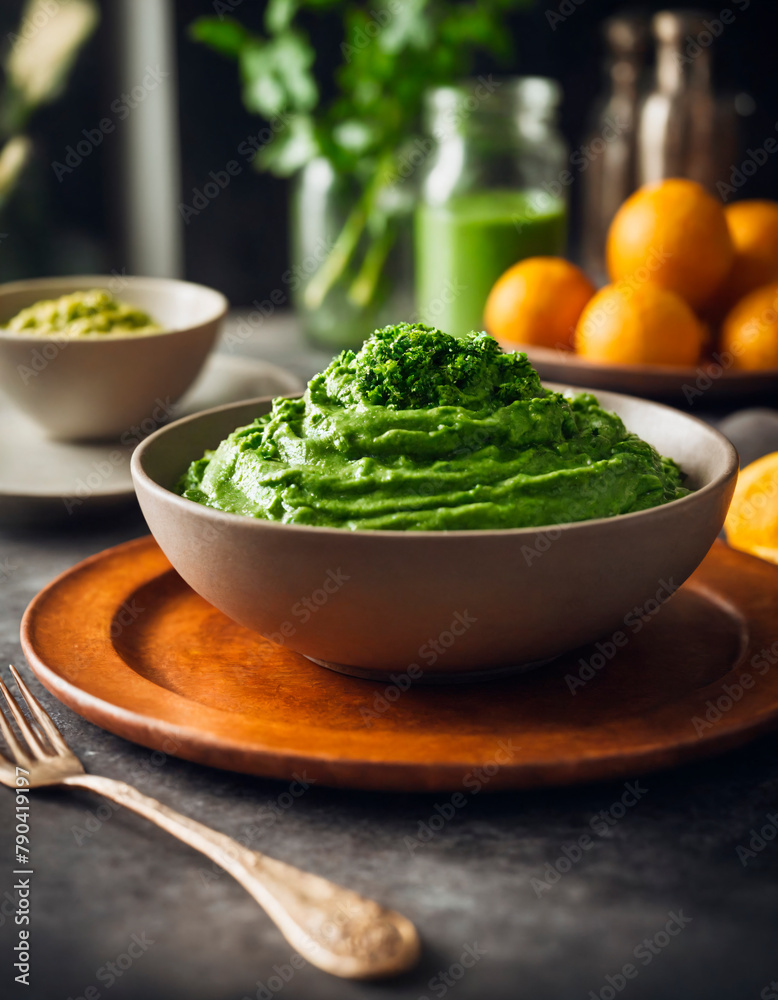 Vibrant Green Puree Served in a White Bowl Vibrant Green Puree Served in a White Bowl