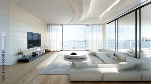 3d rendering of a modern living room with tv a view of the sea and the city