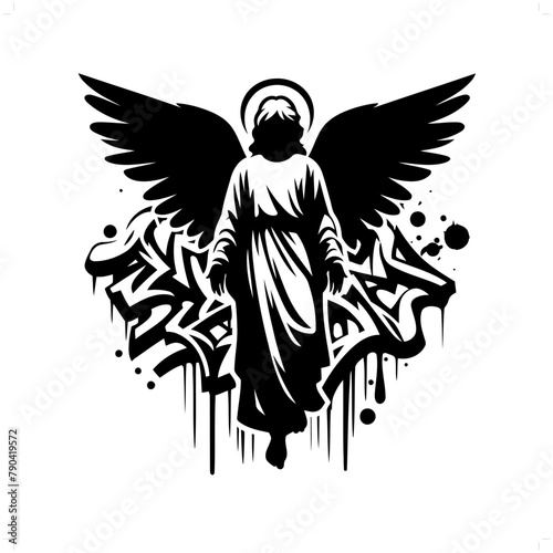 angel silhouette, people in graffiti tag, hip hop, street art typography illustration.