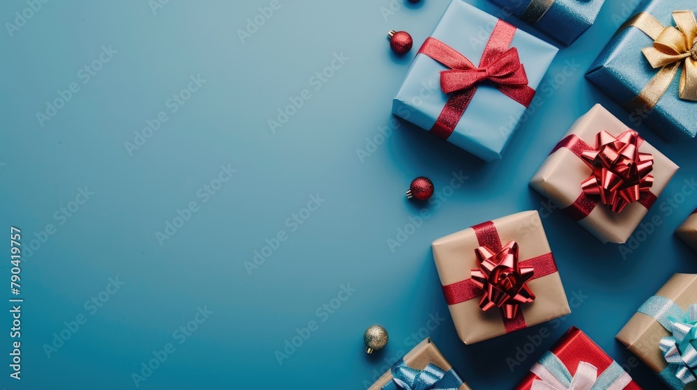 Minimal festive concept with gift boxes on blue background and copyspace