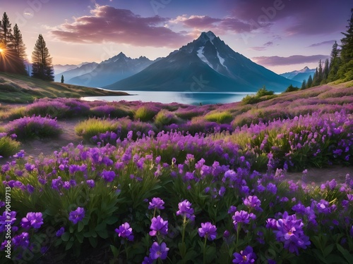 scenic panorama view of a field purple with blue lake at sunrise in the mountains