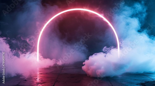 Pink and blue neon arch  round portal  circles frame with swirling smoke on floor  white fog on the floor with black background