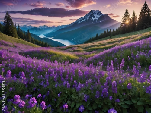 Wallpaper Mural Amazing panorama landscape of a field purple at sunset in the mountains Torontodigital.ca