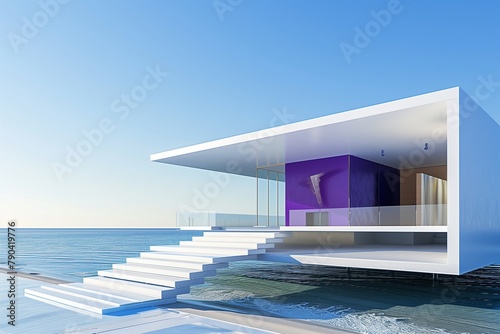 Contemporary Mobile Home by the Sea with Floating Stairs and Deep Purple Art Gallery, Under Clear Blue Skies