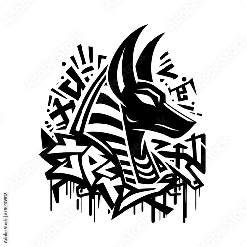 Anubis silhouette, deity in graffiti tag, hip hop, street art typography illustration.