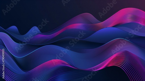 Abstract shape glowing in ultraviolet and violet spectrum with curvy neon lines on a blue background.
