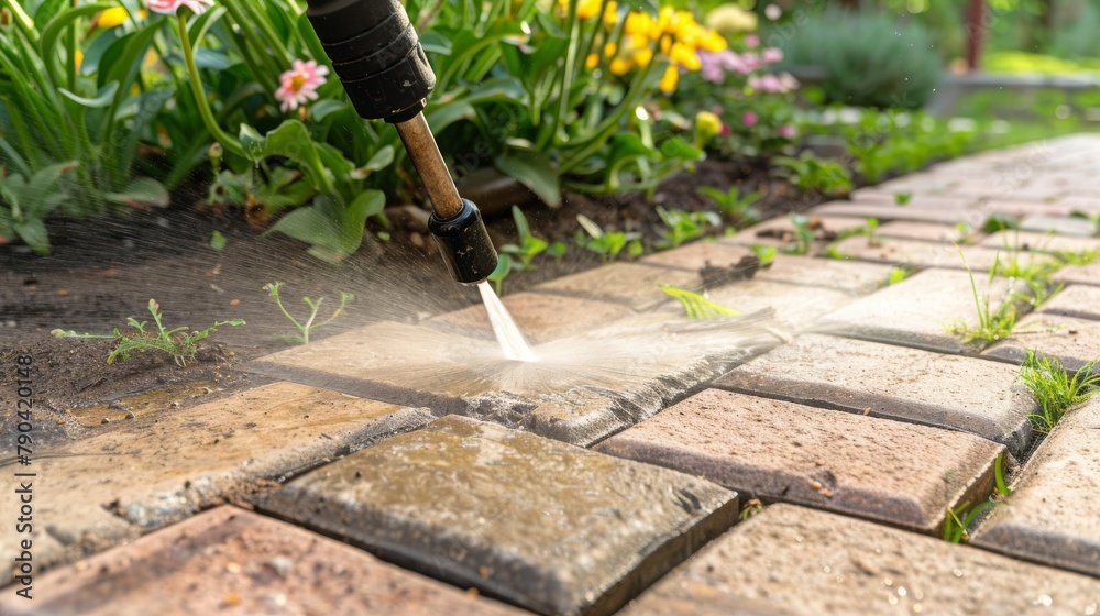 Naklejka premium Cleaning dirty paving stones in the garden with a pressure washer.