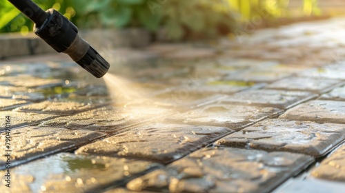 Cleaning dirty paving stones in the garden with a pressure washer.