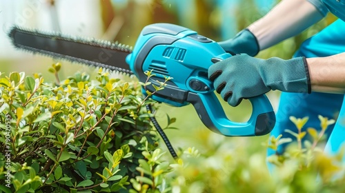 Gardener trimming bush by electric hedge clippers in garden. Hobby at home.