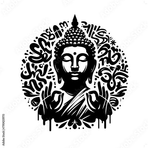 buddha silhouette, deity in graffiti tag, hip hop, street art typography illustration.