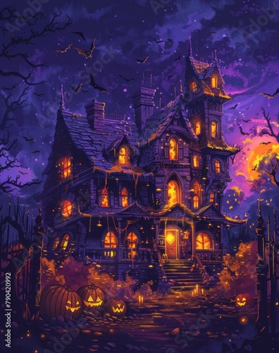 halloween night background, cartoon illustration