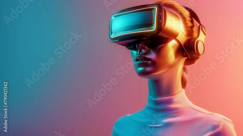 Female dummy with VR goggles placed against bright blue background as symbol of futuristic technology © JovialFox