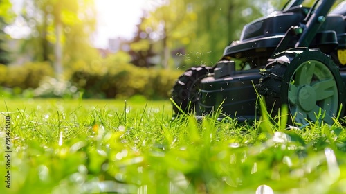 Mowing lawns, Lawn mower on green grass, mower grass equipment, mowing gardener care work tool, close up view, sunny day. Soft lightning