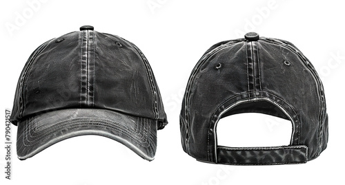 Distressed denim baseball cap mockup isolated on white, showcasing front and back views with detailed textures, perfect for fashion design and streetwear branding