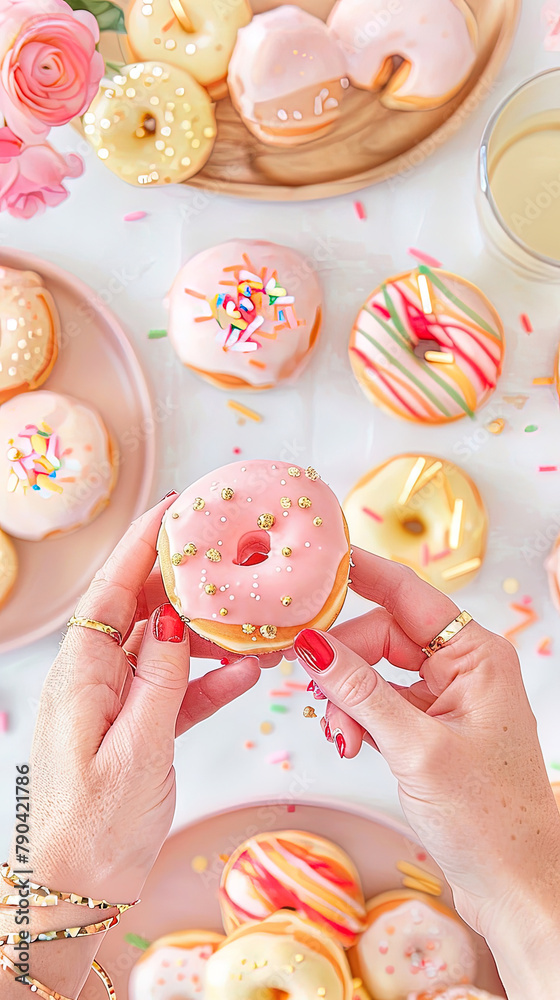 Hands with red nails, holding one pink donut, with a white table background and some donuts.