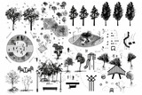 Architectural Drawings, people plan vector in park out door illustration, top view, Minimal style hand drawn, set elements for architecture and landscape design. Sections, Elevations, Floor Plans. vec