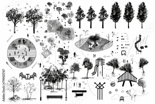 Architectural Drawings, people plan vector in park out door illustration, top view, Minimal style hand drawn, set elements for architecture and landscape design. Sections, Elevations, Floor Plans. vec photo