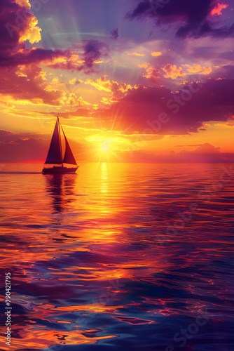 Tranquil Ocean Sunset: A Serene Sailing Against Radiant Hues © Mabelle