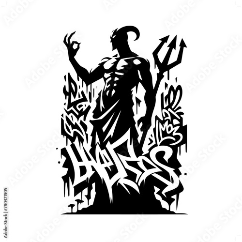 hades; deity mythology silhouette, deity in graffiti tag, hip hop, street art typography illustration.