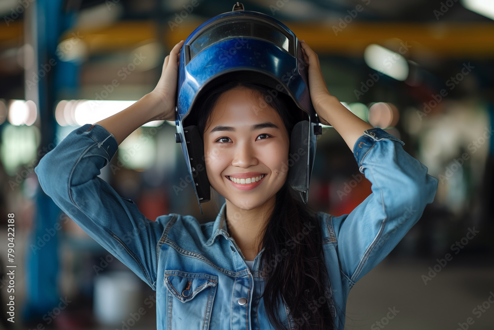 Portrait of smiling Asian female welder posing confidently while working at industrial plant. Portrait of smiling Asian female welder posing confidently while working at industrial plant.
