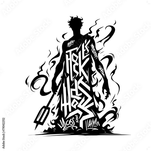 hades; deity mythology silhouette, deity in graffiti tag, hip hop, street art typography illustration.