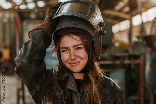 Portrait of smiling female welder posing confidently while working at industrial plant. © Pierre