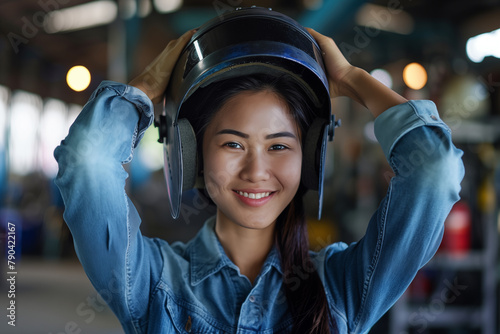 Portrait of smiling Asian female welder posing confidently while working at industrial plant. © Pierre