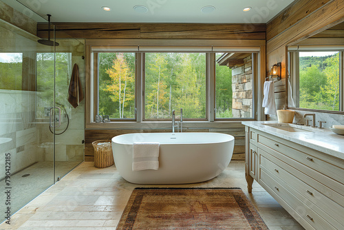 Eco-friendly minimalist bathroom in Aspen cabin with earthy colors and natural stone, illuminated by dusk light.