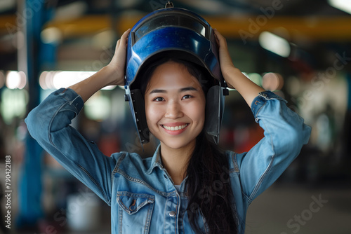 Portrait of smiling Asian female welder posing confidently while working at industrial plant. © Pierre