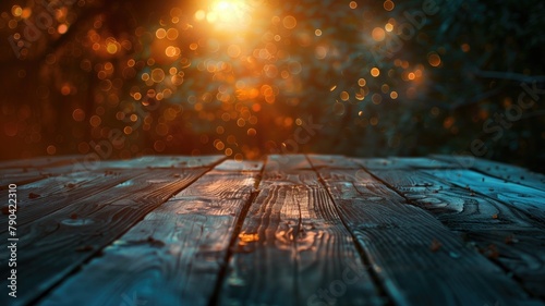 Old wooden table with blurred sunset background and bokeh lights photo