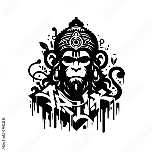 hanuman; deity mythology silhouette, deity in graffiti tag, hip hop, street art typography illustration.