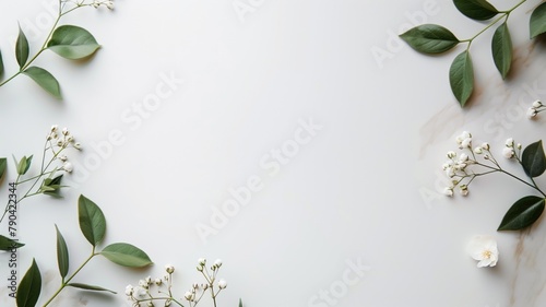 Floral arrangement on marble background with space in center