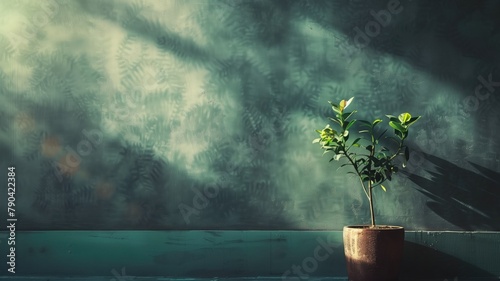 Potted plant with new leaves on window sill, shadows of foliage wall