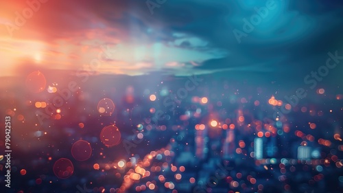 Blurred cityscape at dusk with glowing lights and bokeh effect