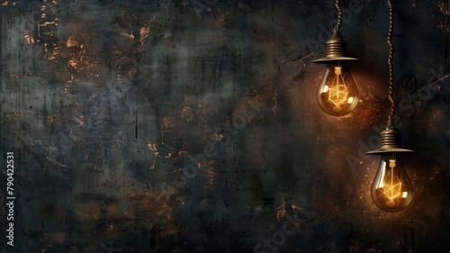 Vintage light bulbs hanging against rugged, dark, textured wall with visible rust photo
