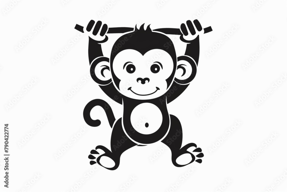 cute hanging monkey illustration design, baby monkey icon vector icon, white background, black colour icon