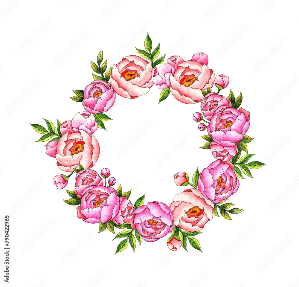 Watercolor round frame wreath featuring pink peonies, buds, and leaves. This botanical composition is isolated from the background, making it perfect for decor, stationery, wedding invitations,
