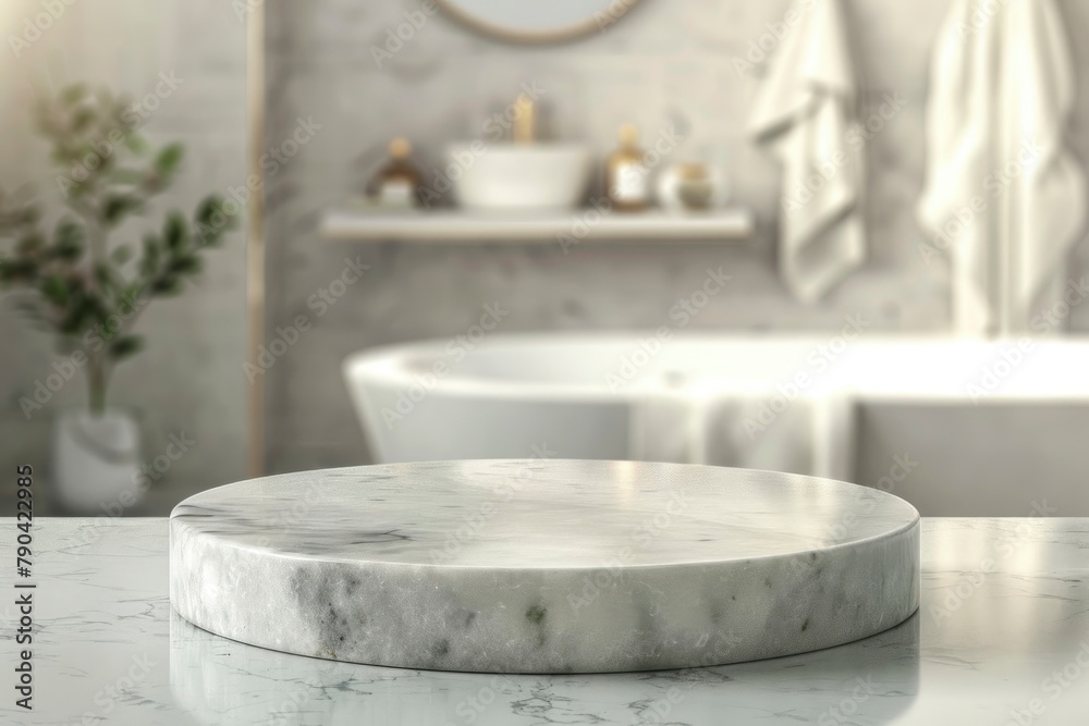 Marble podium for bathing product display on blurred bathroom background - generative ai Marble podium for bathing product display on blurred bathroom background - generative ai