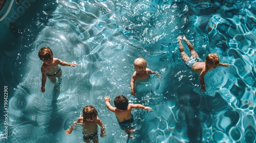 several toddlers learning to swim in a swimming pool 