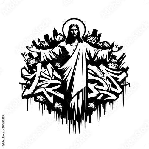 jesus silhouette, people in graffiti tag, hip hop, street art typography illustration.