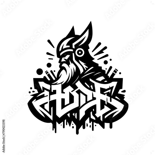 odin nordic deity mythology silhouette, deity in graffiti tag, hip hop, street art typography illustration.