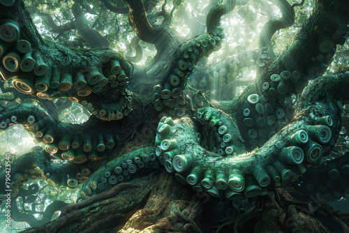 A tree with branches that twist and coil like the tentacles of an octopus, reaching out to ensnare passing creatures. Concept of arboreal predators. Generative Ai.